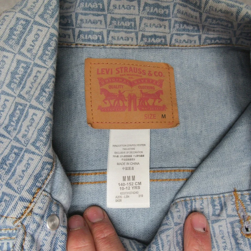 Levis Denim Jacket Kids‎ Medium 10-12 Blue All Over Print Logo Trucker Jean NEW